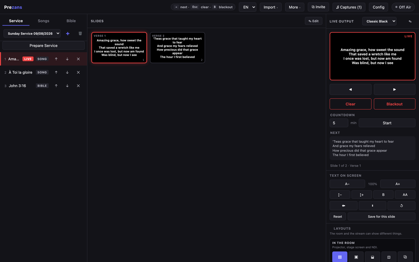 The Prezans control screen during a service: the running order on the left, slides in the middle, and the live output with Amazing Grace on screen.